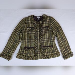 Chicos Size 1 (M) Green and Brown Plaid Jacket with chain detail